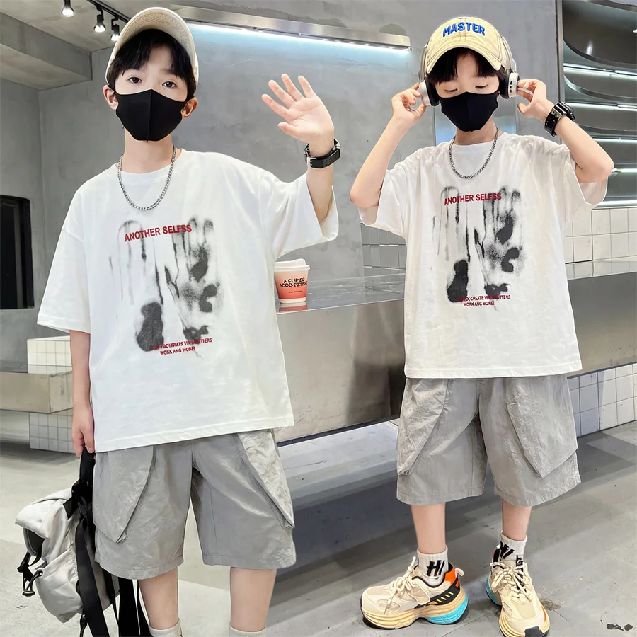 Children Summer Suit for Boy Top and Bottom Clothes Set Kids Casual Cotton Tracksuit Outfit Age 5 6 7 8 9 10 11 12 13 14 Years