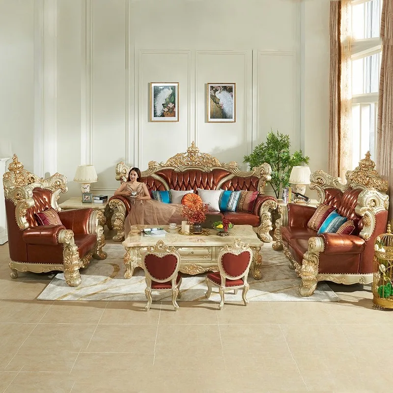 European leather sofa living room cowhide solid wood French style