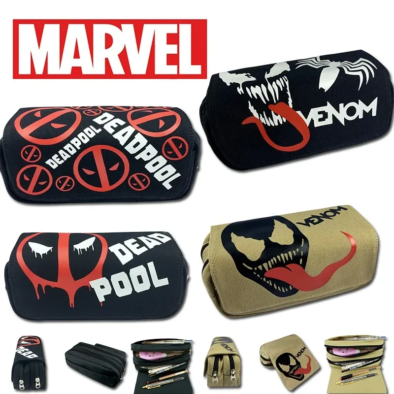 New Marvel Student Pen Pouch Deadpool Canvas Large Capacity Double Zipper Pen Case Venom Cartoon Student Stationery Box Wallet