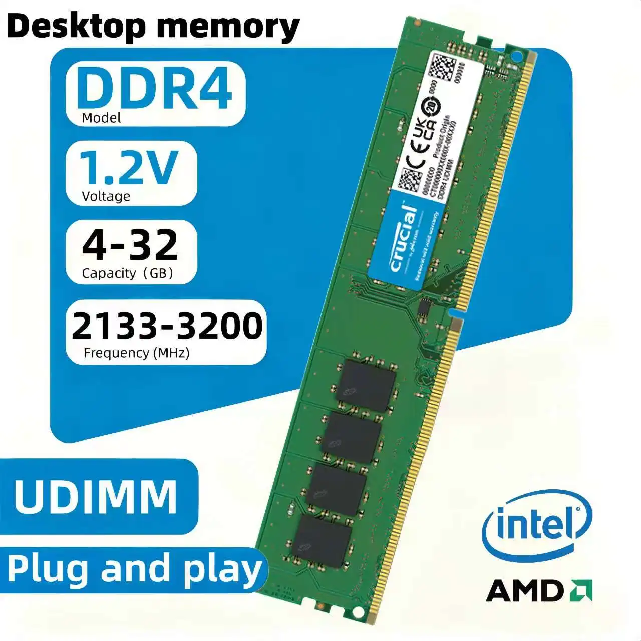 Crucial DDR4 RAM 4/8/16/32GB 2133/2400/2666/3200Mhz Desktop Memory UDIMM 288-Pin Compatible with Intel and AMD Ryzen