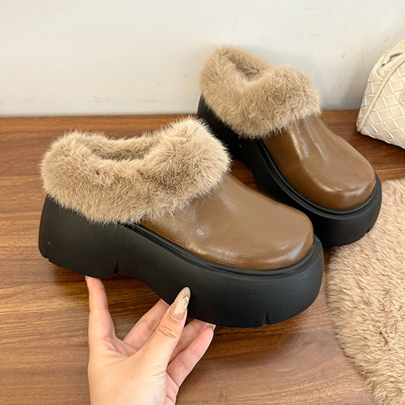 

Женские меховые тапочки на плоской подошве, повседневные туфли-лодочки на платформе, модные короткие плюшевые зимние ботинки, новинка 2023 года, прогулочные Zapatillas De Mujer