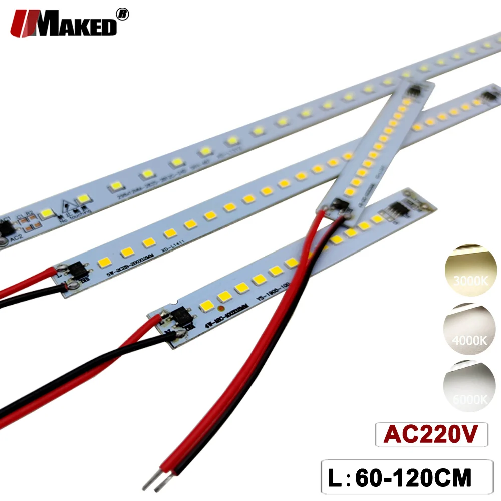 

100Pc LED PCB Bar Strip Light AC220V 60-120CM SMD2385 Warm/Natural/Cold White For Show Kitchen Under Cabinet Hard Decor Lamp DIY