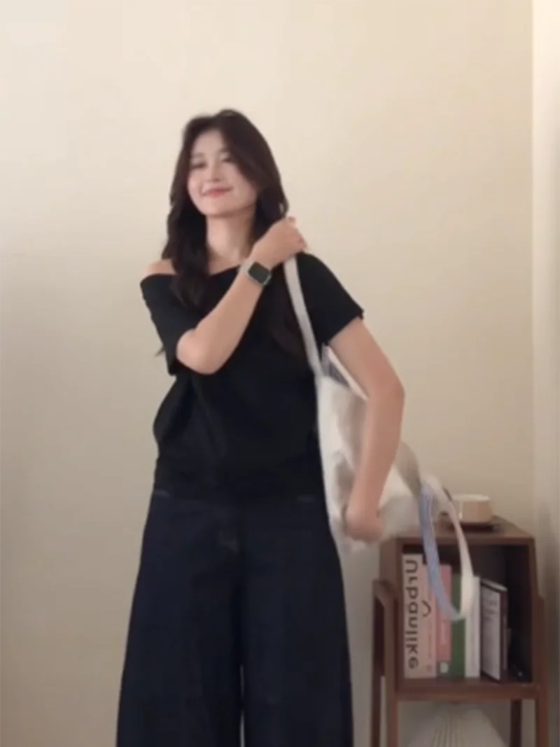 T-Shirt à épaules dénudées pour femme, haut court, édition rentrée scolaire, régulier, polyvalent, classique, solide, agrafes, garde-robe, essentiel pur