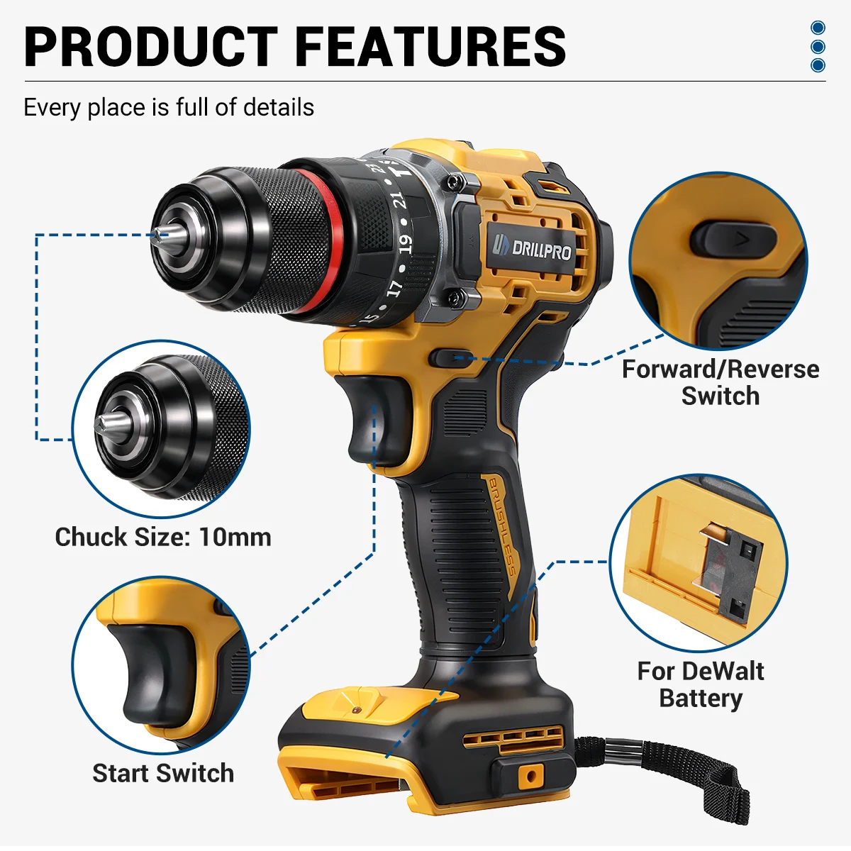 Drillpro-ブラシレス充電式電動ドリル,インパクトドライバー,2スピード,48n.m,デウォルト用電動ドライバー,20vバッテリー