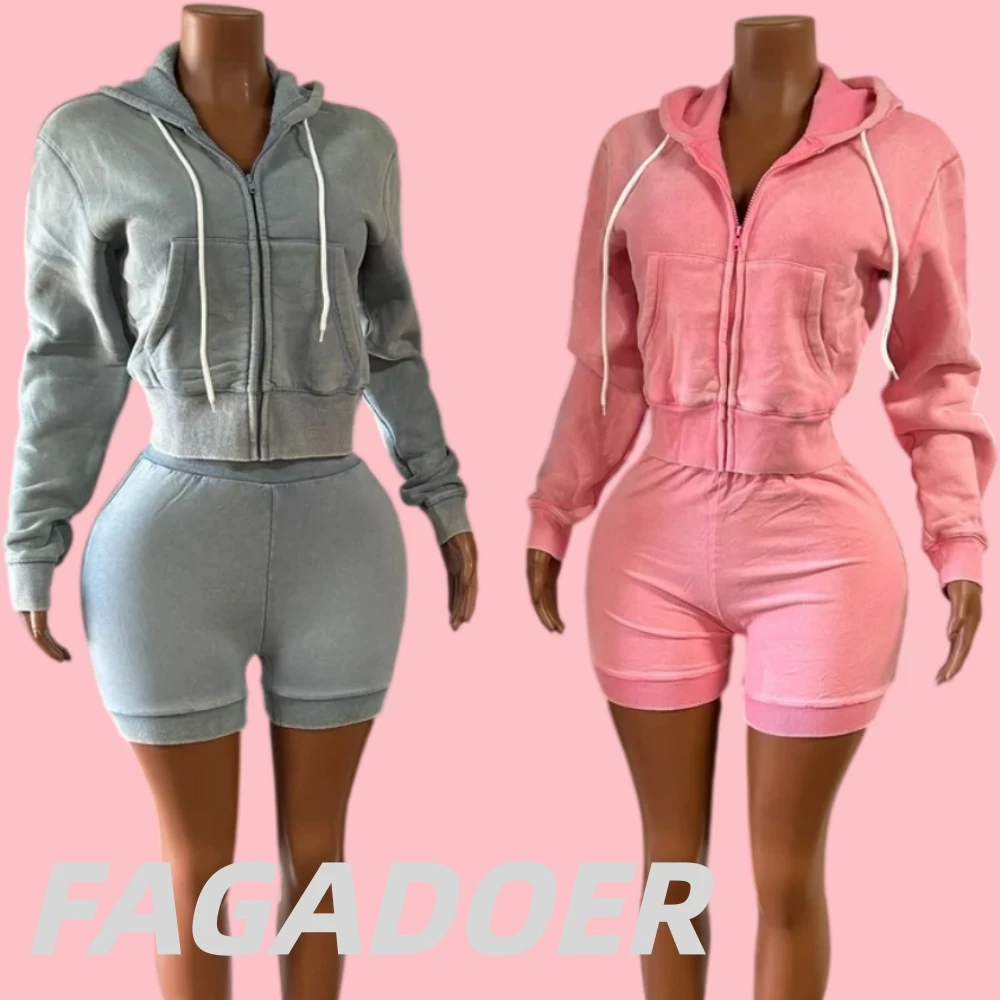 FAGADOER Casual Wash Two Piece Outfits Woman Solid Color Long Sleeves Hooded Crop Top and Shorts Matching Female Streetwear New