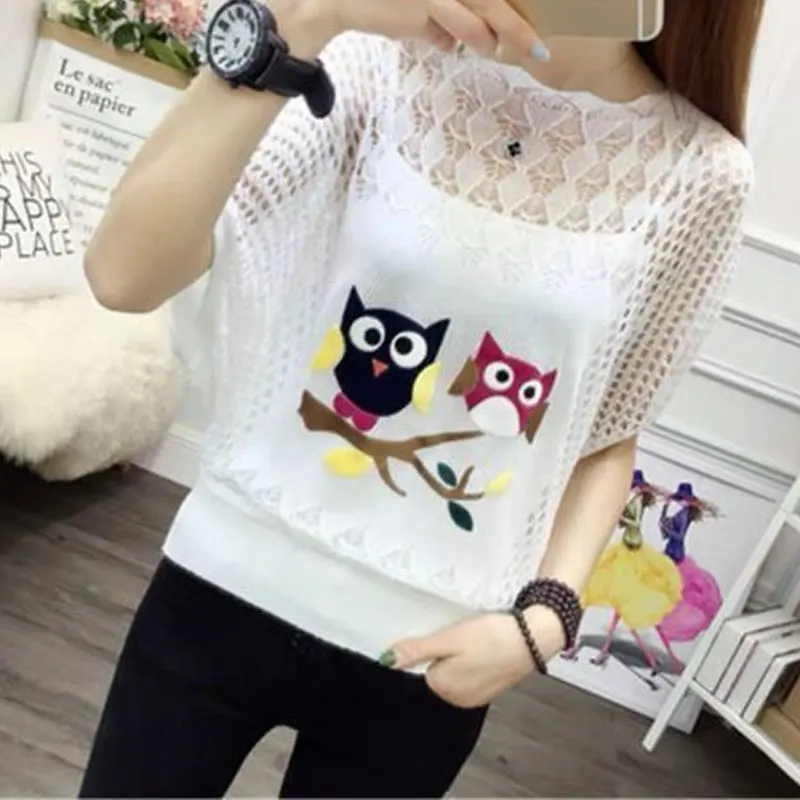 Casual Batwing Sleeve Loose Knitted T-shirt Women\'s Clothing Stylish Hollow Out Printed Diamonds Summer Thin Sunscreen Pullovers