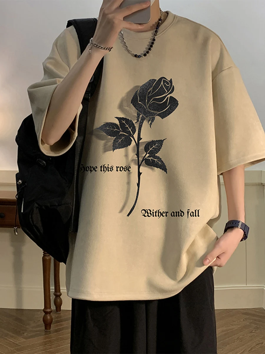 

Suede rose t-shirt men's short sleeved summer men's oversized loose fashion brand American half sleeved upper garment