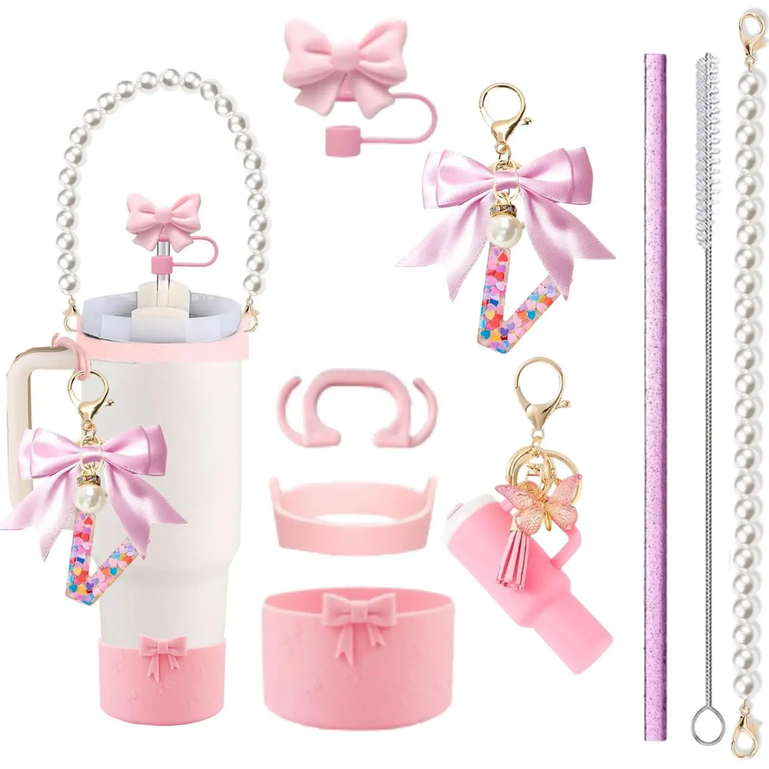 Mini Tumbler Pendants Bow Letter Keychains Straw Sets - Trendy Accessory Combo for Drinkware And Keys view 6