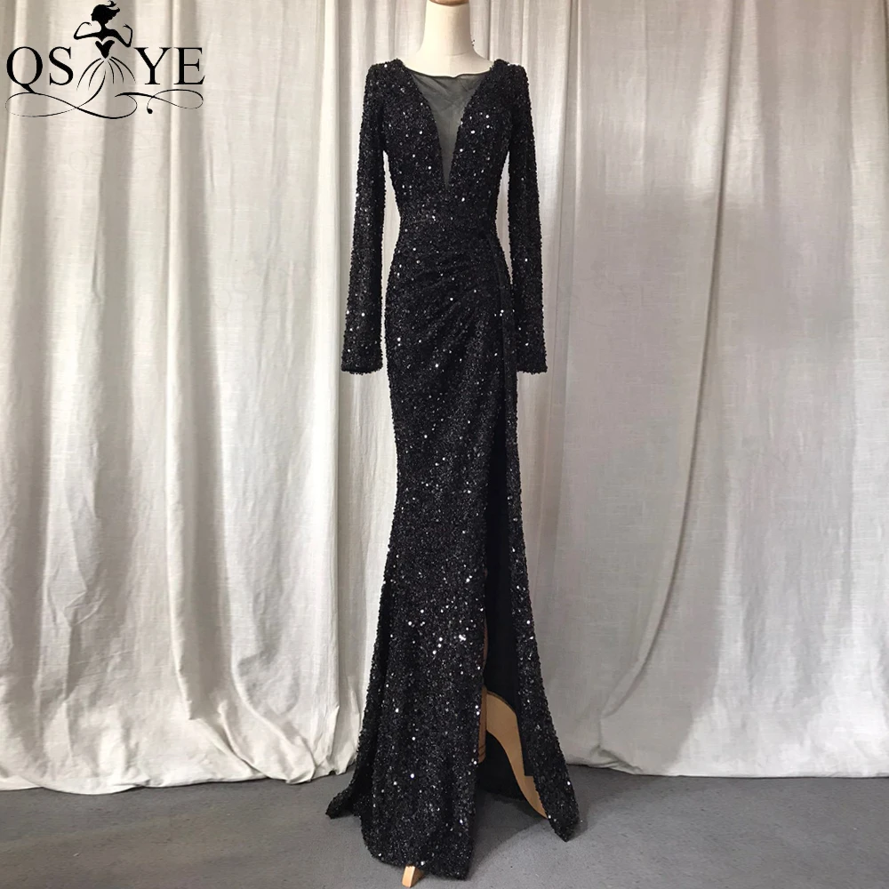 

Sequin Black Evening Dresses Long Sleeves Mermaid Prom Gown ChicSexy Split Sparkle Party Dress Ruched Decent Formal Gown Glitter