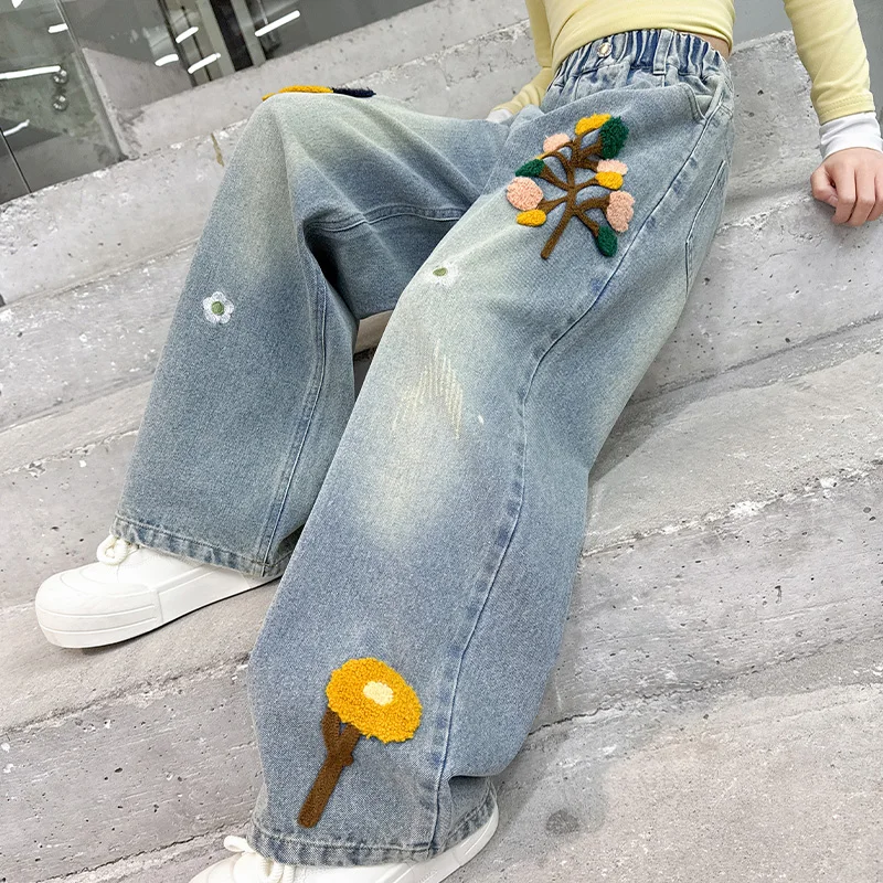 Lente Kids Vintage Blue Jeans met Applicaties Voor Meisje Nieuwe Casual Outdoor Denim Broek Slim Fit Losse Jeans Broek Voor Tiener