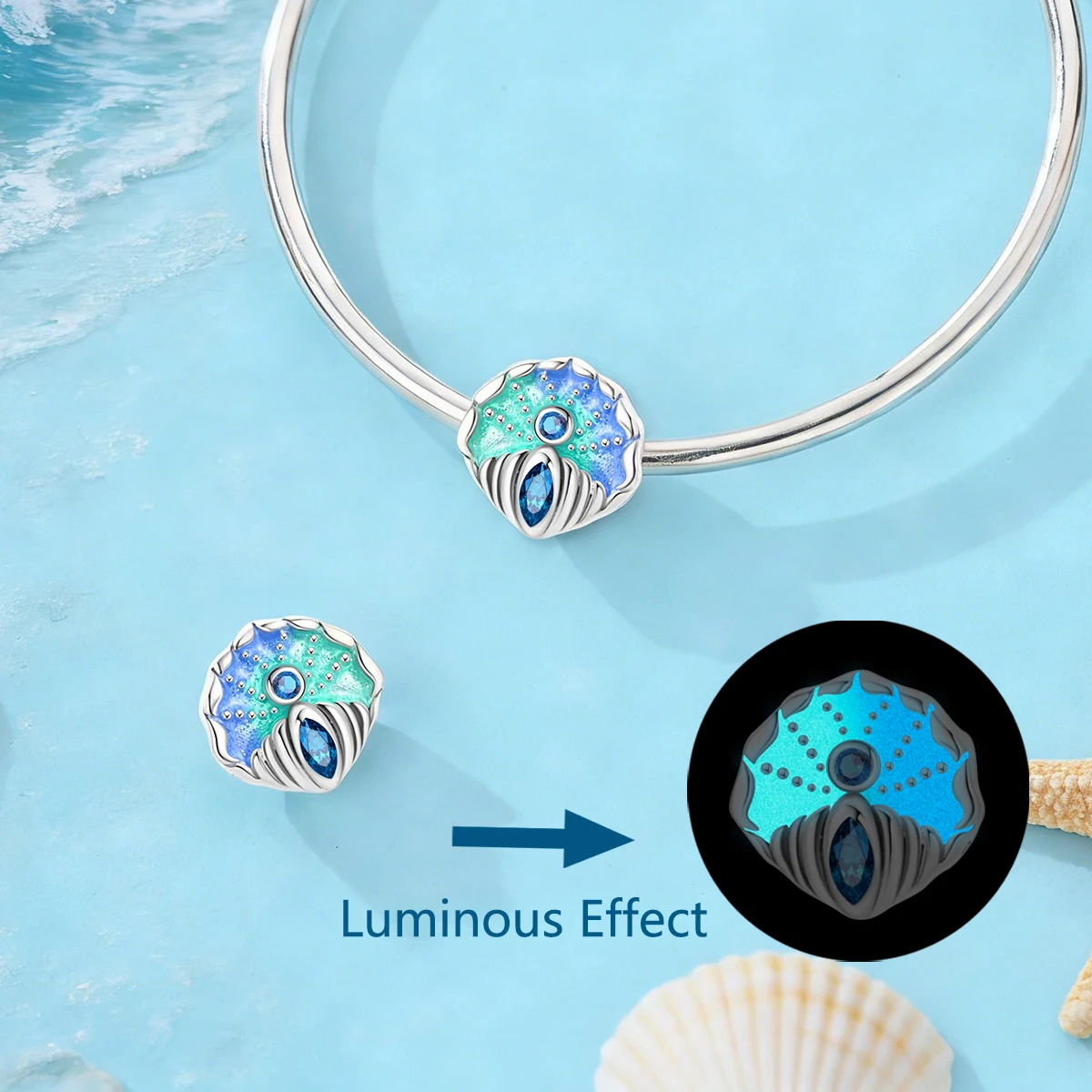 925 Sterling Silver Luminous Gradient Enamel Seashell Charm Glow in The Dark Design Fit Bracelets Jewelry Gift for Women Girls