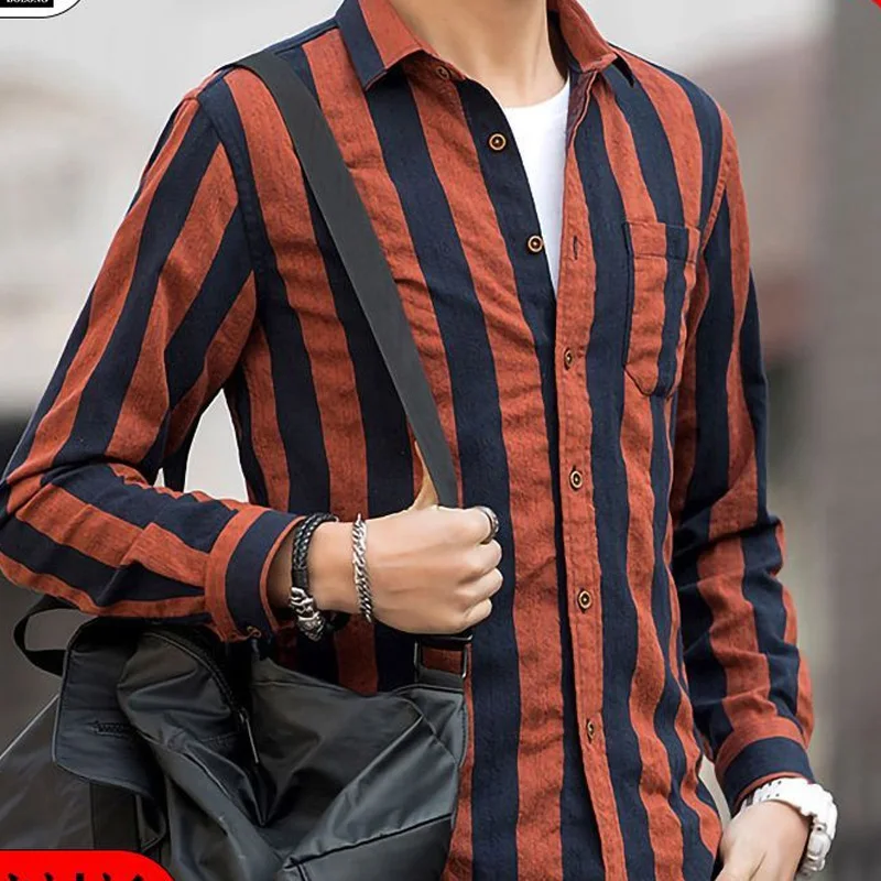 Spring Autumn New Fashion Striped Shirt Man Turn-down Collar Long Sleeve Single Breasted Cardigan High Street Contrast Color Top