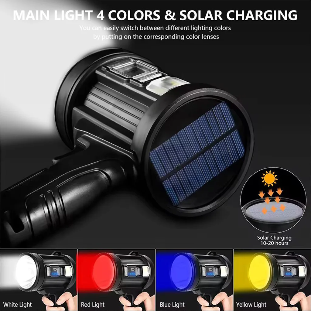 

High Lumens Bright LED Spotlight Flashlight,Rechargeable Spotlight, Outdoor Handheld Flashlight with Solar Panels For Camping