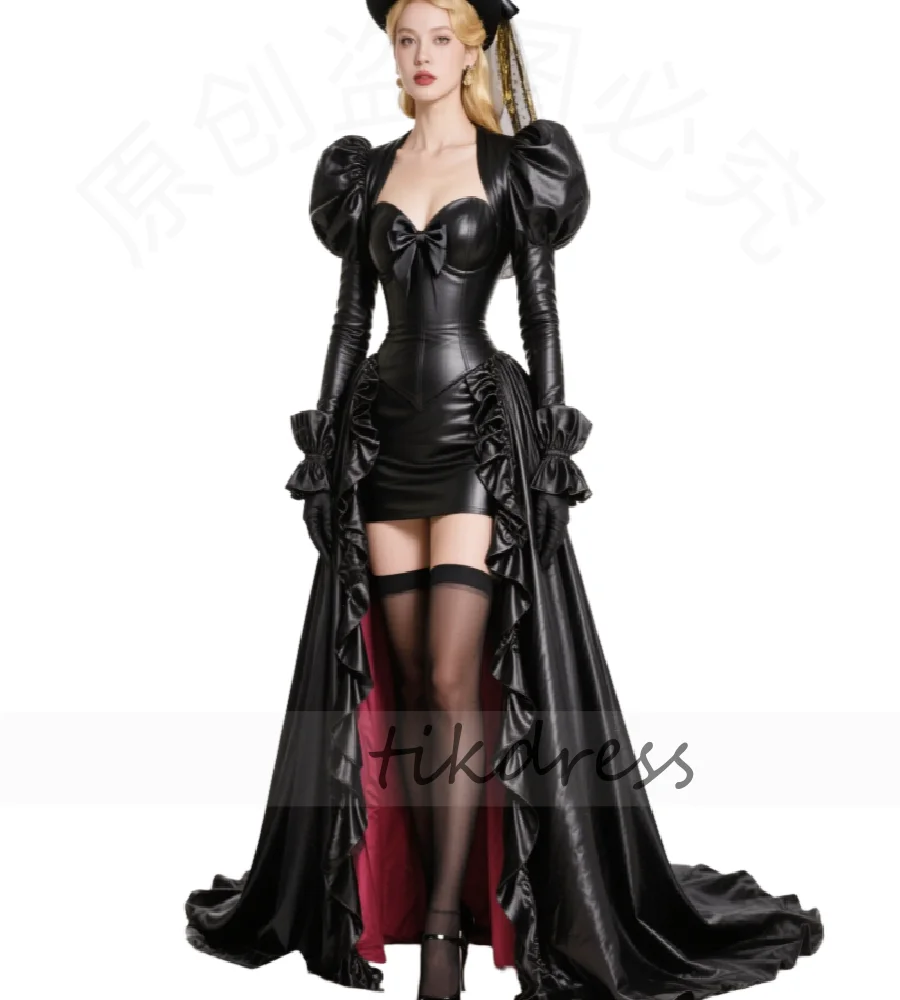 

Vintage Black Pvc Evening Dress High Low Long Sleeve Costume Dracula Prom Dress Medieval Masquerade Formal Dress Enchantress