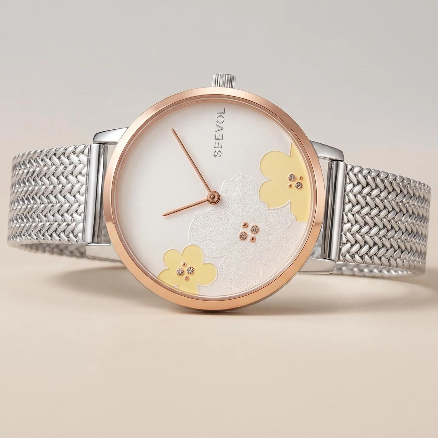 Women Quartz Watch Wheat Weave Mesh Strap Wristwatch with 35mm Flower Dial 6mm Ultra Thin Stainless Steel Case Ladies Gift 3 Bar