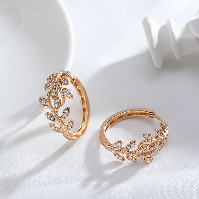 JULYDREAM Vintage Micro Inlay Zircon Leaf 585 Gold Color Hoop Earrings Women Trendy Jewelry Luxury Large Ear Dangles Accessories