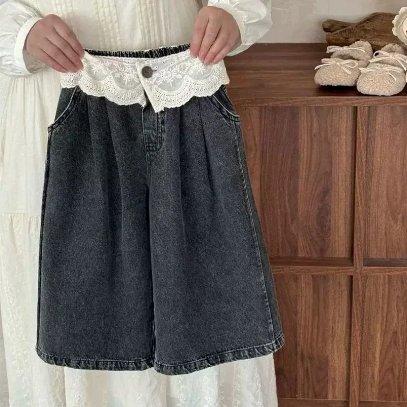 Spring Autumn Lace-trim Straight-leg Jeans Girls Student Slimming Wide-leg Pants Soft  Babies Wear Outside Children Kids Casual