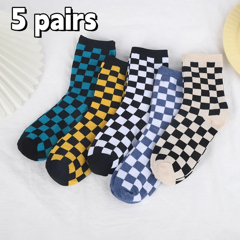 5 Pairs/Set Colourful Checkerboard Unisex Socks Simple Plaid Use For Daily Sports Suit In All Seasons