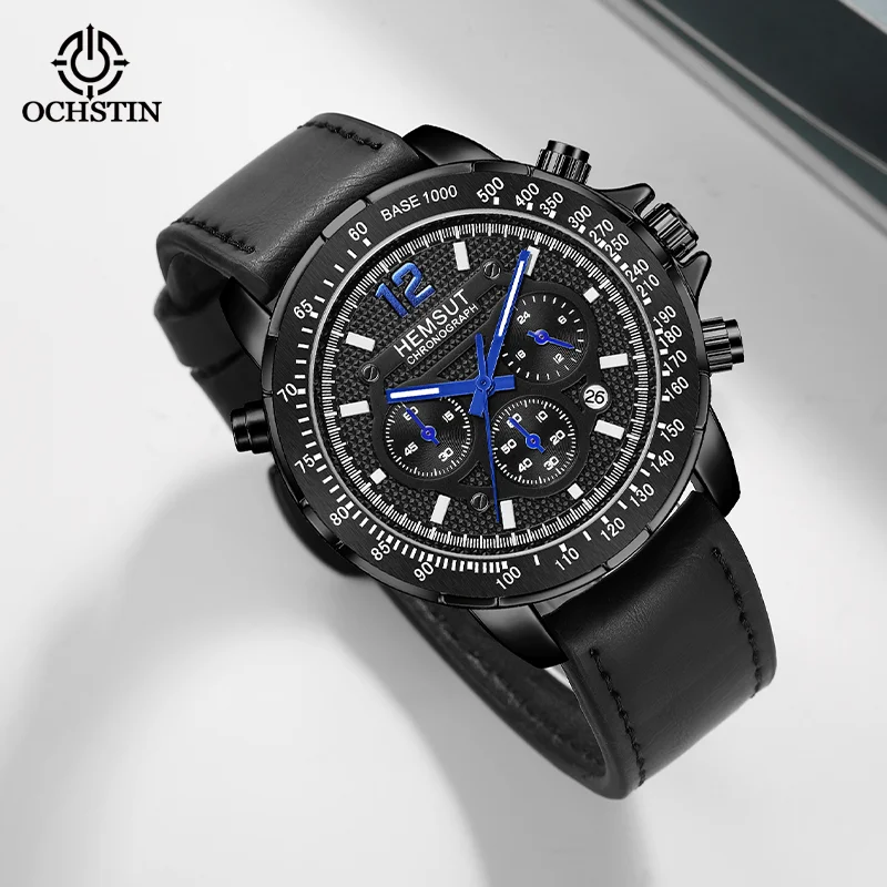 OCHSTIN Men Multifunctional Quartz Watch Genuine Leather Strap Waterproof Business Casual Male Wristwatch Gifts Fashion Clock