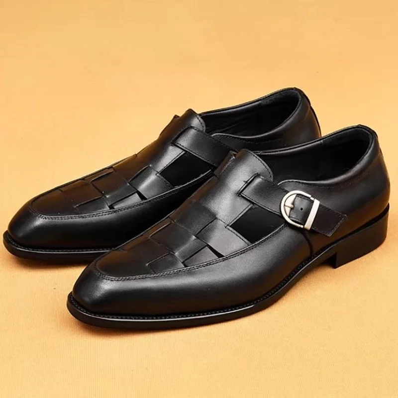 High-end Pure Cowhide Woven Breathable Men's Sandals With Buckle Cozy Hollow-out Business Casual Leather Shoes Closed-toe Sandal