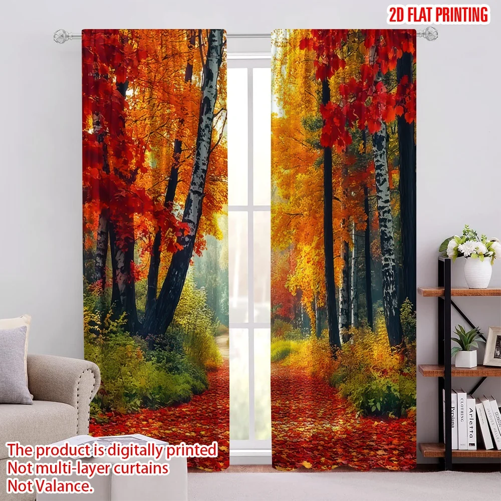2D flat printing 2pcs Window Drapes Autumn Mountain Road Versatile Polyester Fabric,Without Electricity Festive Backdrops
