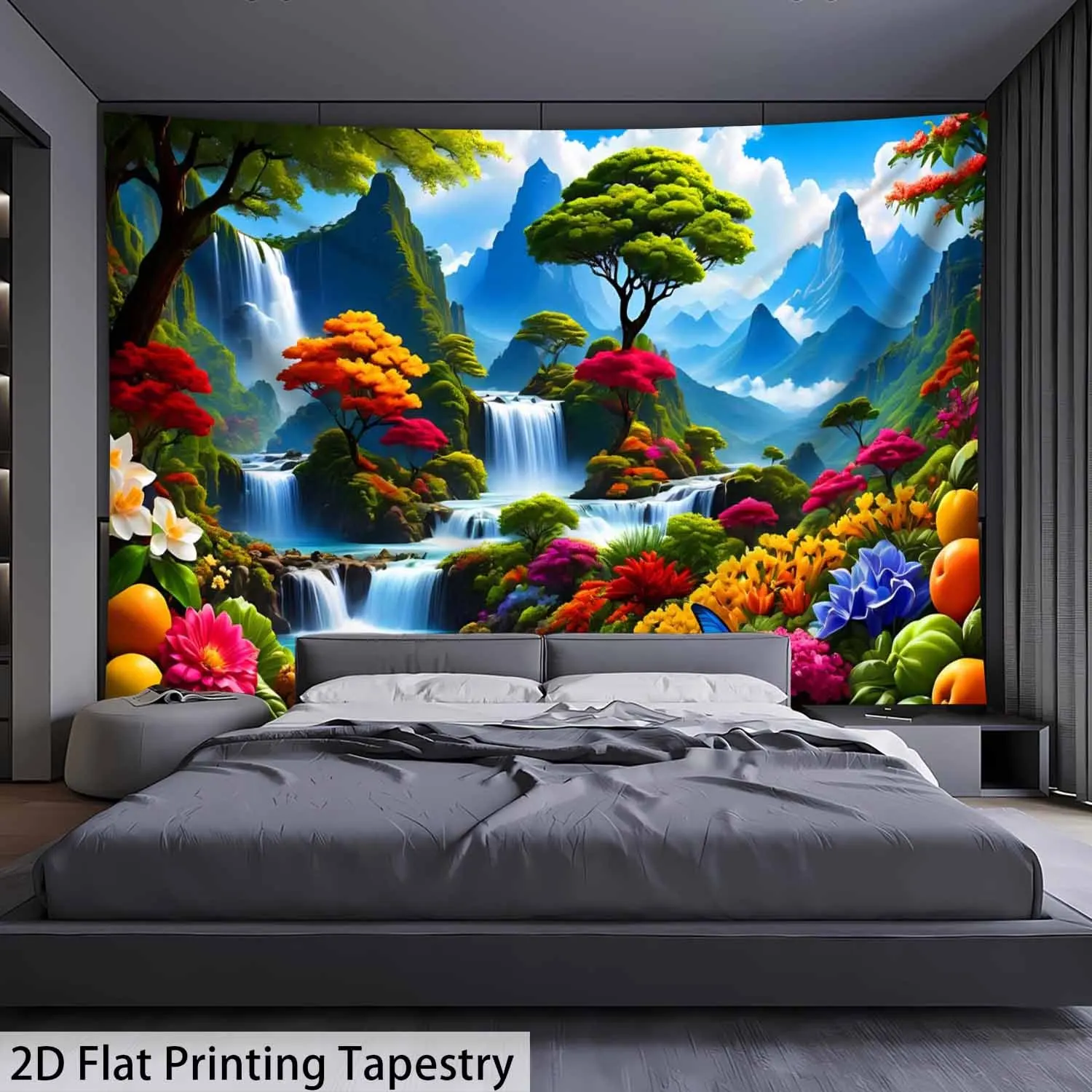 Fantasy Mountain Stream Scene Tapestry Rainbow Trees Flowers Background Scenic Decor Wall Hanging for Living Room or Bedroom