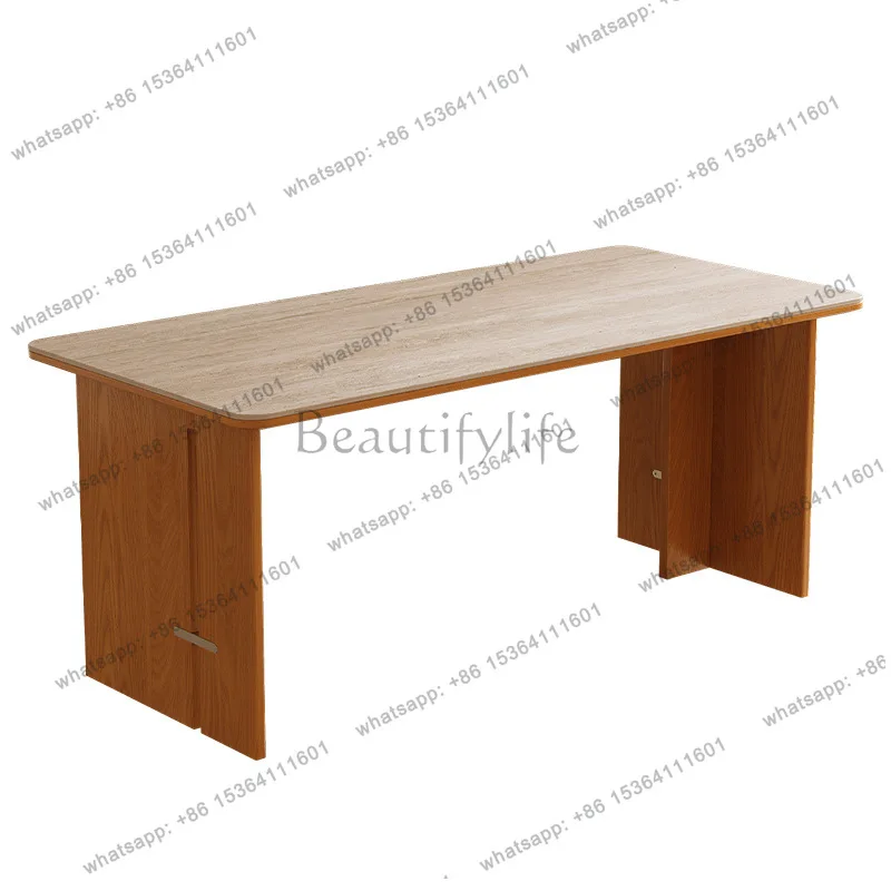 French Cream Wind Tunnel Stone Slate Dining Table Small Unit Dining Table Solid Wood
