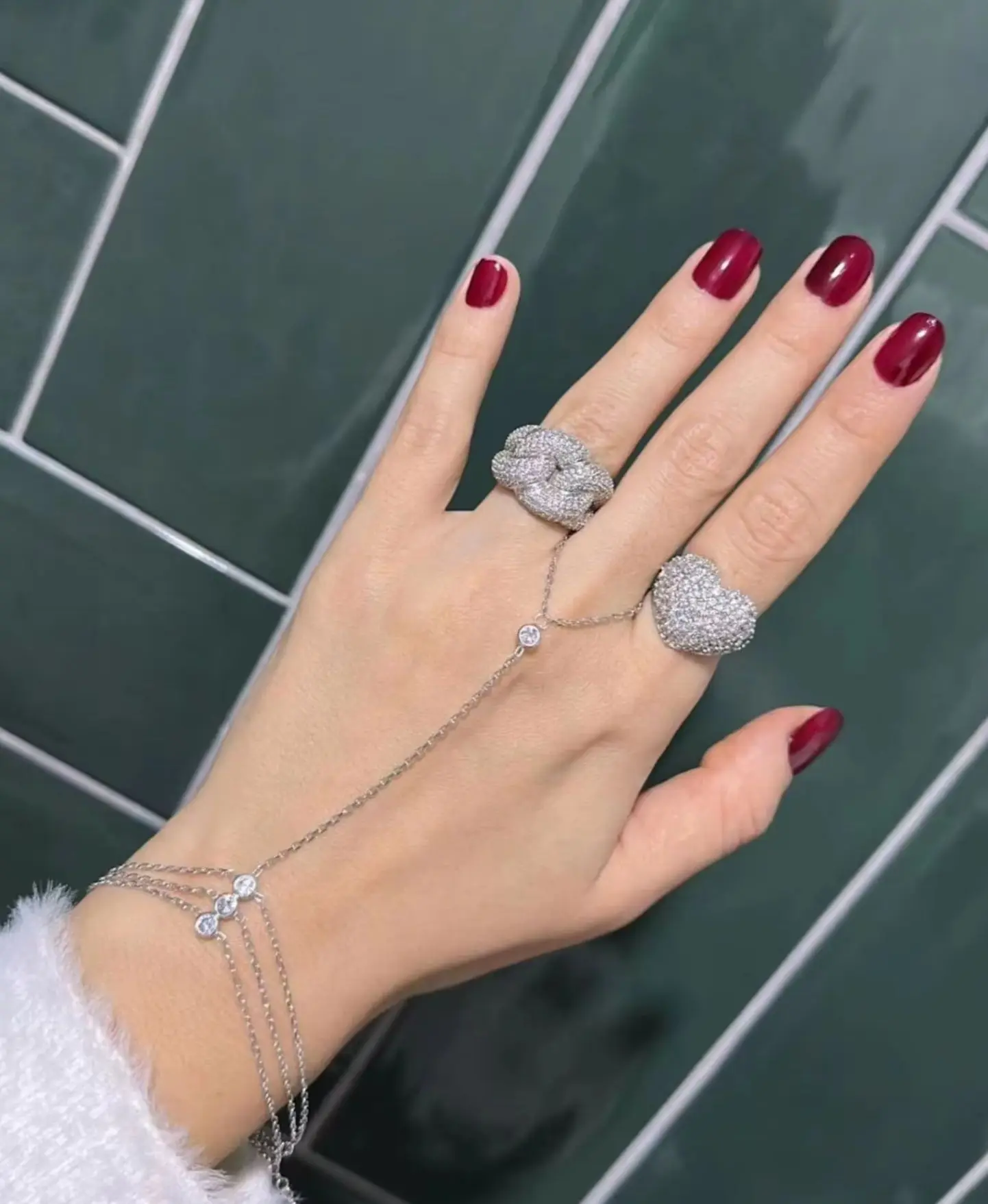 Minimalist Stackable 3 Layers Thin Hand Chain with Finger Ring Bracelet for Women Round Zircon Fashion Jewelry Wedding Party