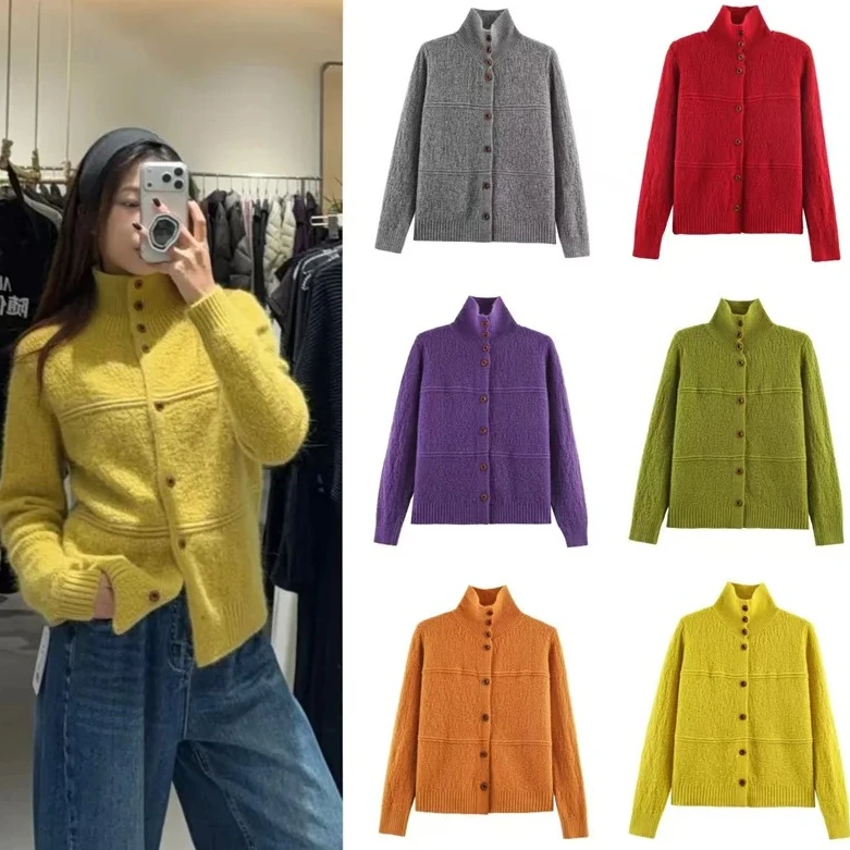 

Женская куртка, новый однотонный простой вязаный кардиган с длинными рукавами и пуговицами, повседневная мода