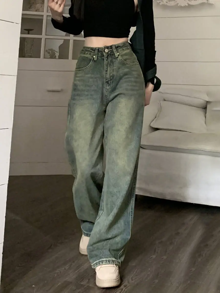 

Retro Distred High Waist Wide Leg Jeans Women's Loose Fit Long Pants Korean Sle Casual Sle Autumn Season Zipper Closure