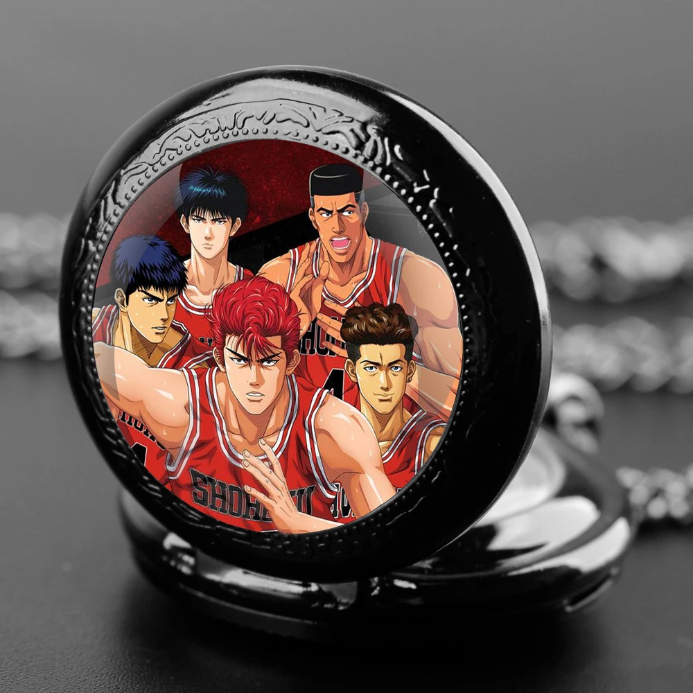 Exquisite Famous Anime Slam Dunk Glass Dome Quartz Pocket Watch Arabic numeral Necklace Pendant Gifts For Women Man with Chain