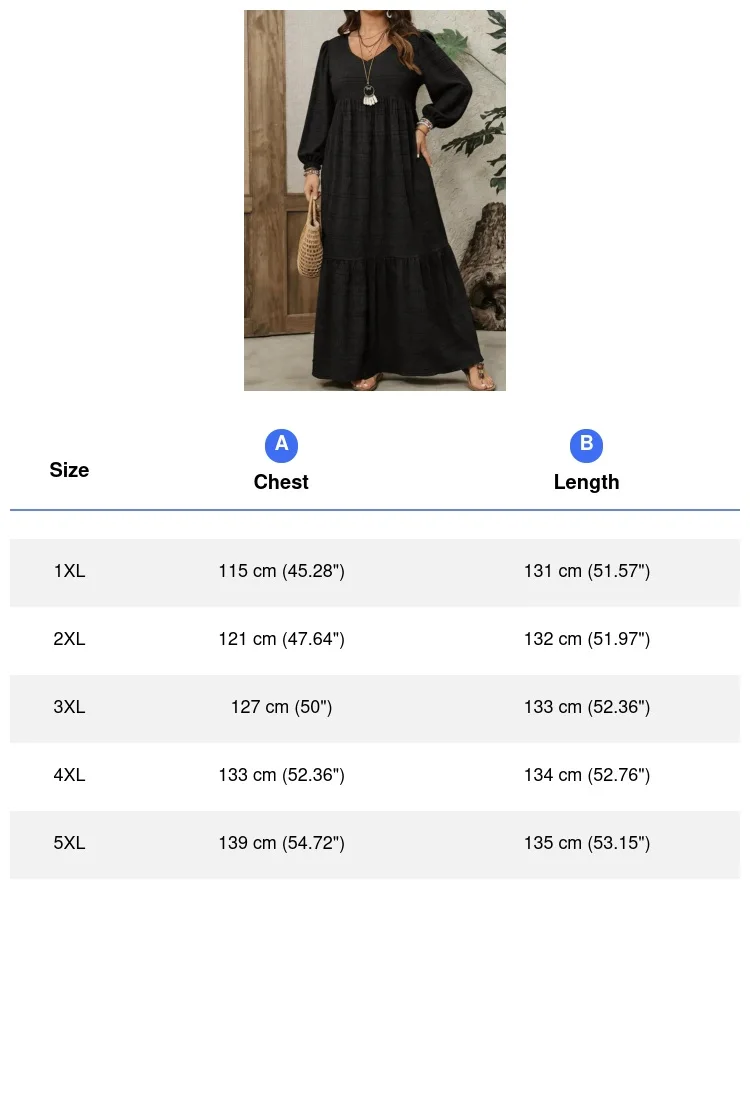 Damenkleid in Übergröße mit Strukturierter Oberfläche, Dehnbar, V-Ausschnitt, Laternenärmel, Locker Geschnittenes, Mehrschichtiges Casual-Maxikleid – Detail 3