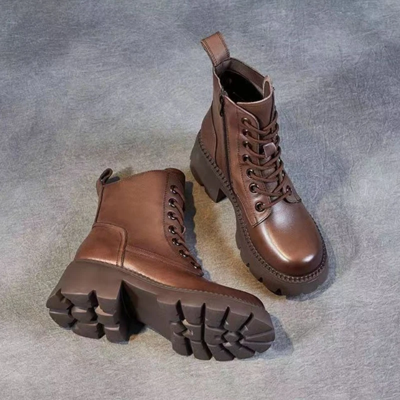 Women's Ankle Boots Brown Fleece-Lined Booties Leather Warm Chic and Elegant Trend 2025 Goth Footwear Y2k Hot Female Short Shoes