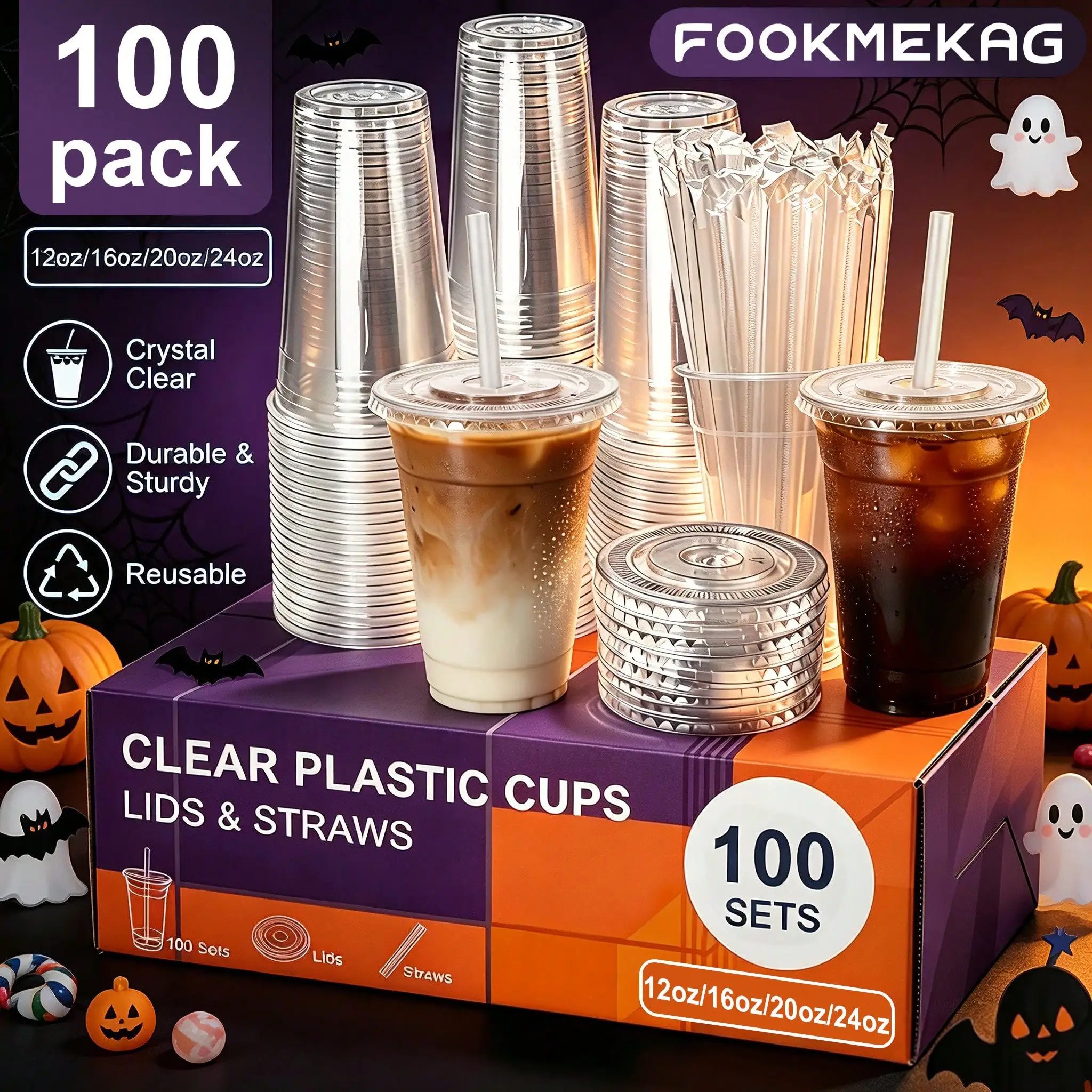 Clear Reusable and Washable Cups, 12/16/20/24 Oz, with Flat Lid and Straw—Heavy-Duty Crystal-Cold Drink Cups for Iced Coffee, Ic