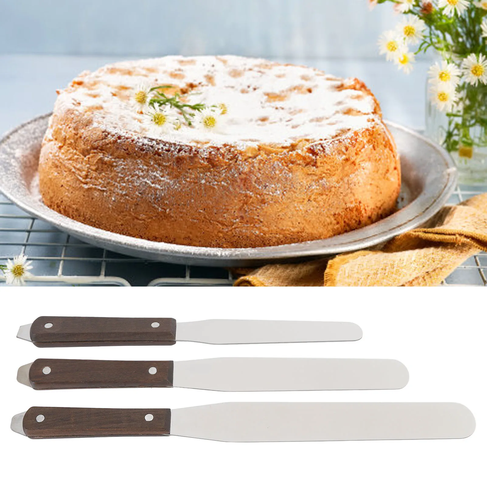 ملعقة تزيين مستقيمة من الفولاذ المقاوم للصدأ بمقبض خشبي ملعقة تزيين الكيك ملعقة صقيع للخبز ملعقة تزيين مستقيمة #4