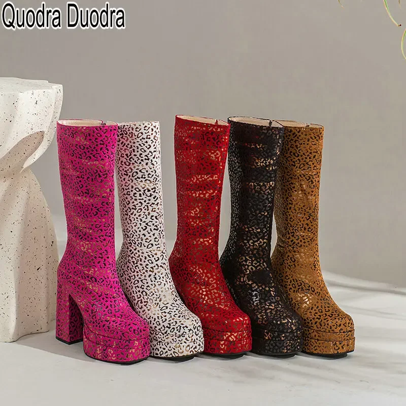 Botas grossas de salto alto para mulheres, altura do joelho, zíper, dedo do pé quadrado, plataforma, leopardo, festa, feminino, Lady Wedges, plus size, 46, novo, inverno