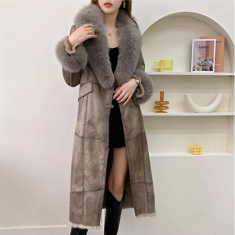 Parka de piel de conejo de doble cara auténtica para mujer, abrigo largo con cuello de piel de zorro Real, novedad de invierno, IL00650