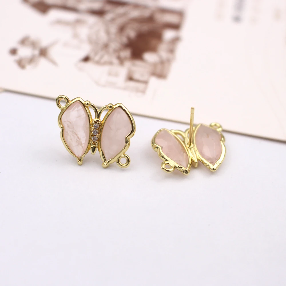 3pair DIY Jewelry Accessories Ear Posts Butterfly Shape Natural Quartz Amazonite Labradorite Stone Earring with Loop Connectors