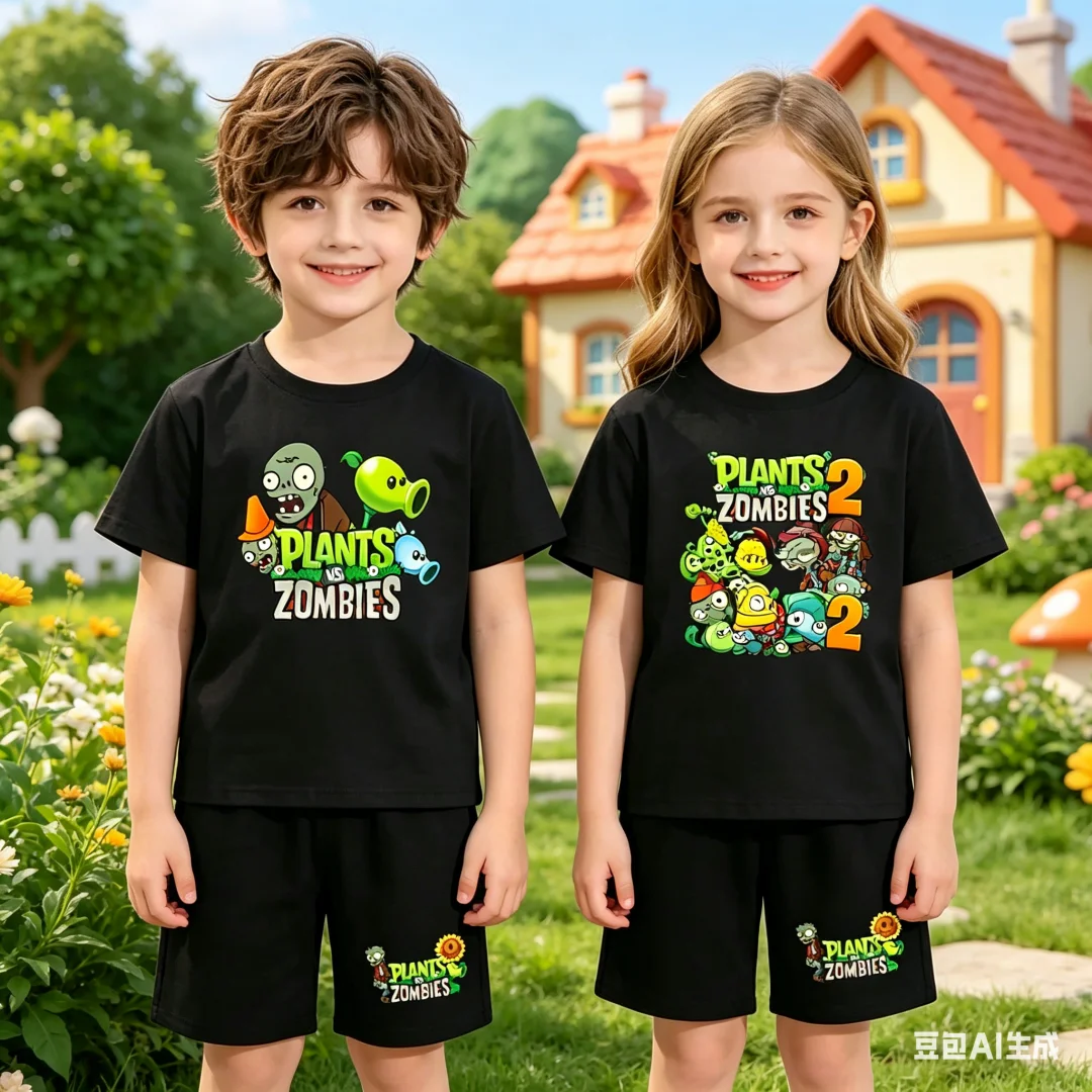 

Comfortable Breathable Sportswear Boy Girl Summer 2 Piece Children T-Shirt Casual 3-12 Age Short Sleeve+Shorts Zombie Botany