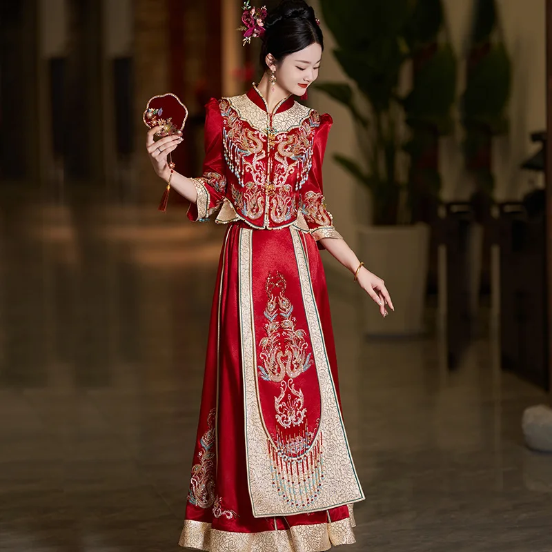 Yourqipao Chinese Xiuhe Wedding Dresses Hanfu Top Skirt Wedding Gowns Traditional Toast Dresses Women Dragon and Phoenix Coat