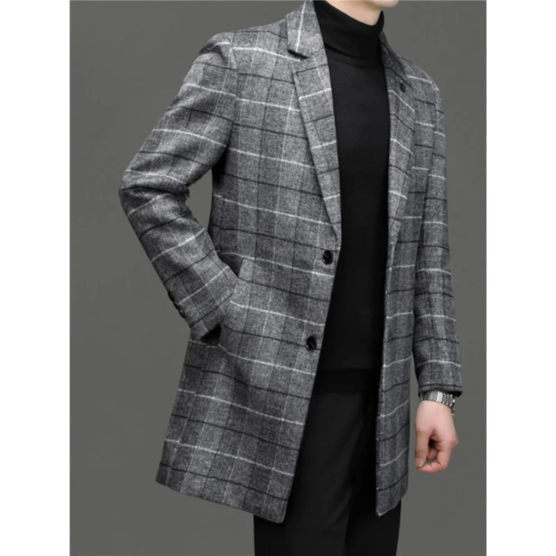 Men\'s Tweed Coat Spring Autumn Plaid Woolen Windbreaker Youth Mid-Length Casual Handsome High-End Jacket Male Model