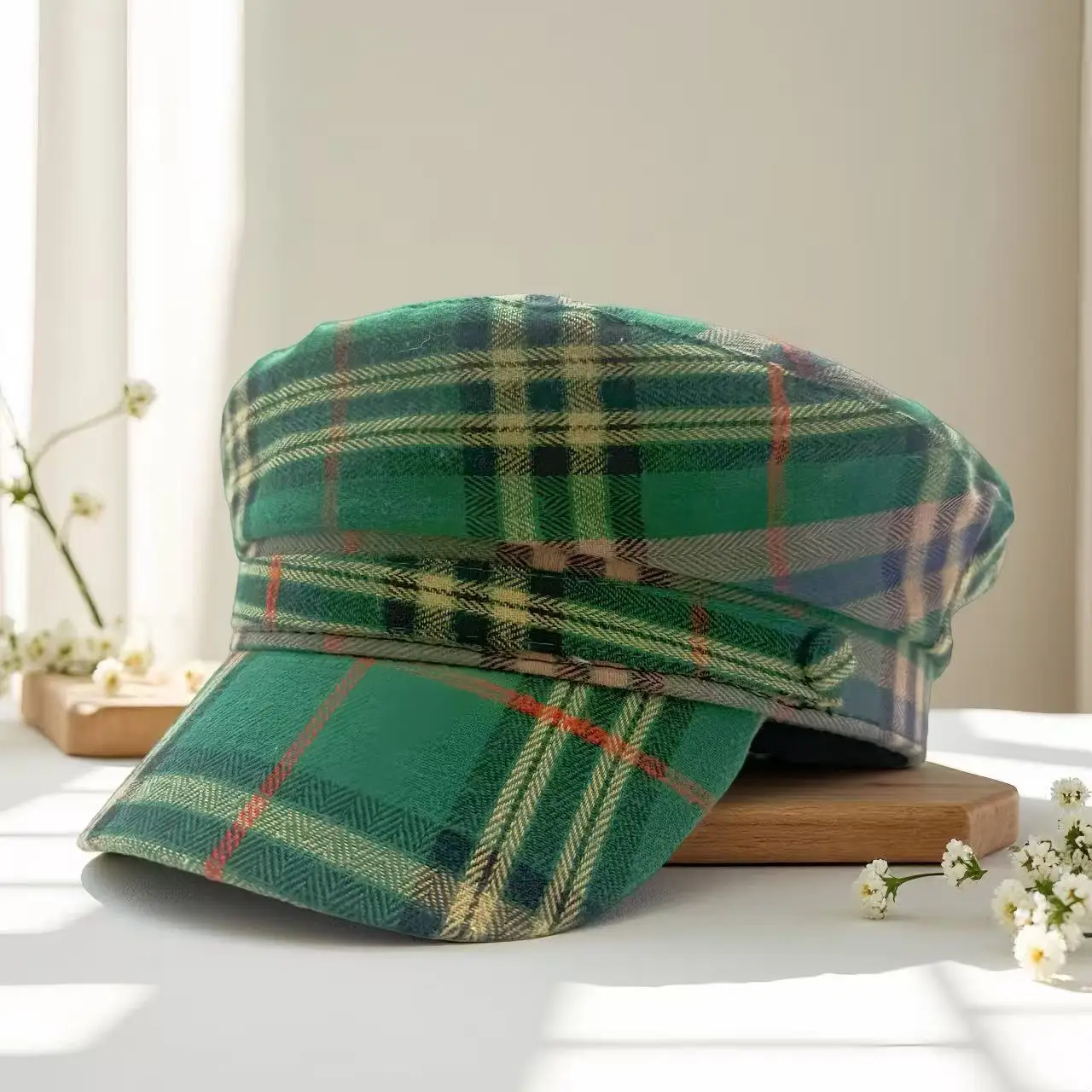 Boina com padrão xadrez doce HongLuan e boné jornaleiro feminino, acessórios femininos cosplay