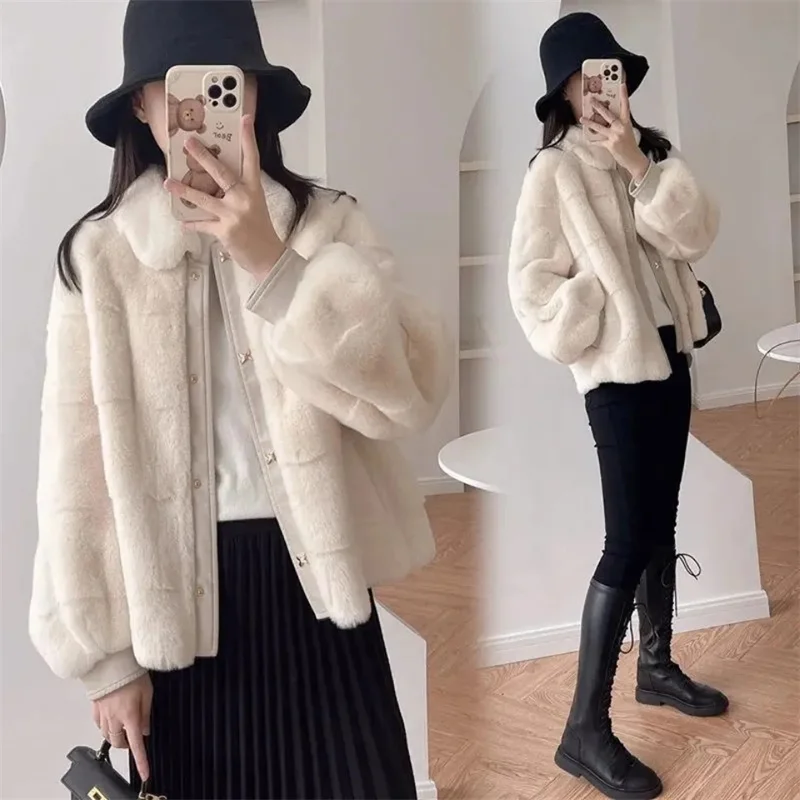 

2025 High-end Women Fashion Long Sleeves Plush Outwear Korean Female Leisure Faux Fur Jacket Winter Ladies Solid Color Fur Coat