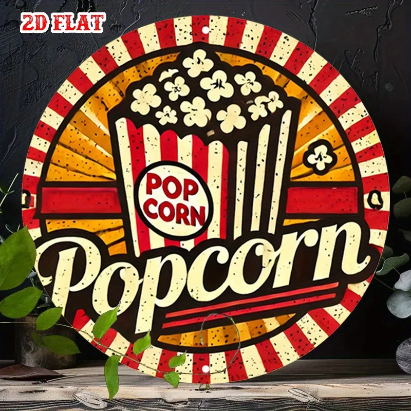 2D Flat, 1pc Retro Popcorn Machine Metal Wall Sign - Round Vintage Cinema Snack Decor with Popcorn, Aluminum Rustic Wall Art Sui