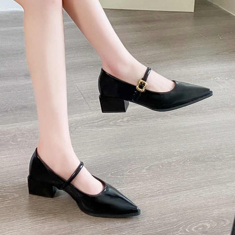 Women's High Heels Square Toe Elegant Ladies Cowhide Office Women's High Heels 2025  New Autumn Designer Slip-on Sandals Women