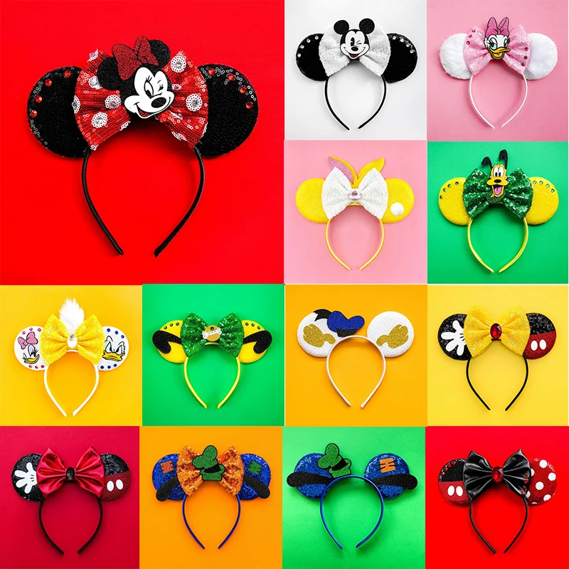 Disney Mickey Mouse Ears Donald Duck Headbands Women Minnie Daisy Hairbands Girl Kids Sequins Bow Hair Accessories Festival Gift