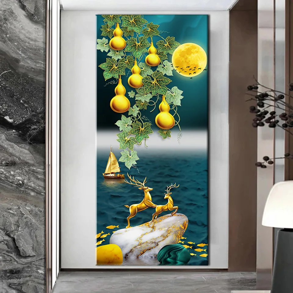 Big Diamond Mosaic Cross Stitch Kit Luxury Landscape Golden Moon Gourd and Deer Sailboat 5d Diy Diamond Painting Embroidery G34