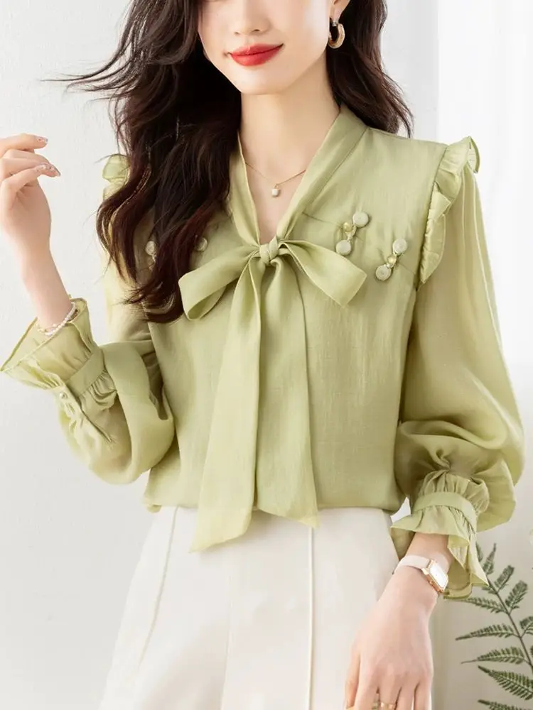 Butterfly Knot Long Sleeved Chiffon Shirt for Women New High-end and Chic Youthful and Stylish Small Shirt