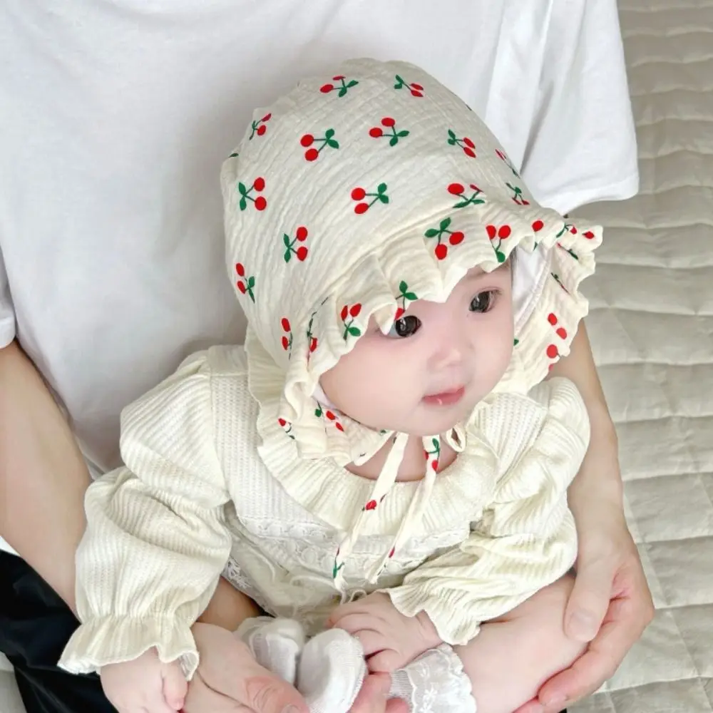 

Cartoon Korean Baby Fetal Cap Flower Cherry Print Soft Cotton Newborn Sun Hat New Princess Infant Beanie Cap For Kids