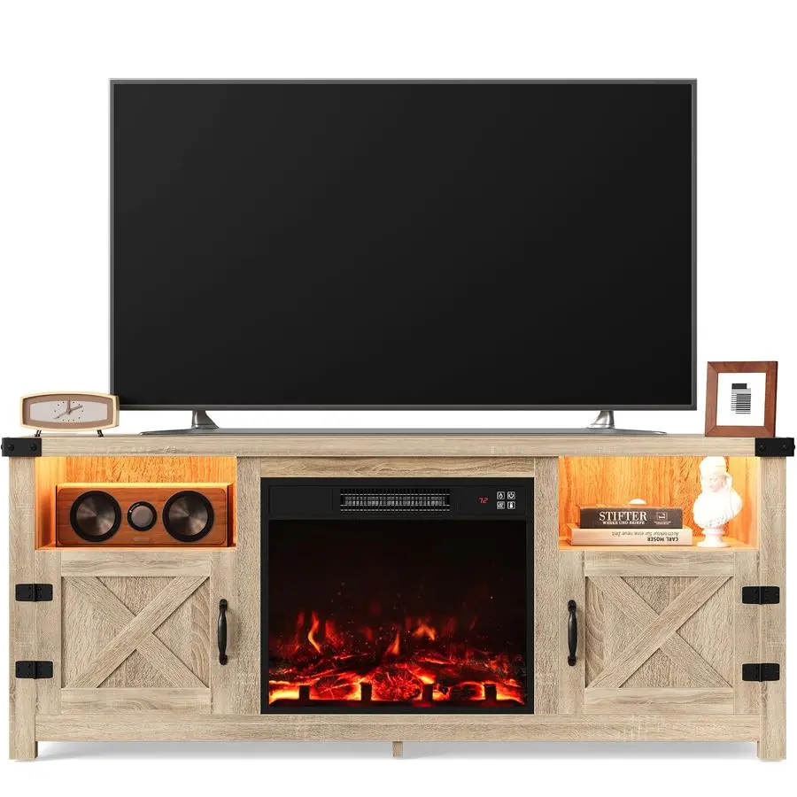 

Медиацентр с LED-подсветкой и камином, тумба под телевизор с камином и шкафами для хранения, 2 открытые полки, современная ТВ-консоль